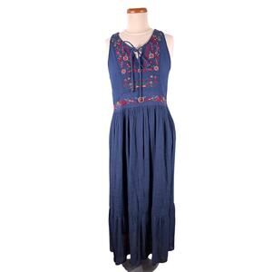 Umgee Maxi Dress Women Size Small Blue Embroidered Floral Tie Front Sleeveless